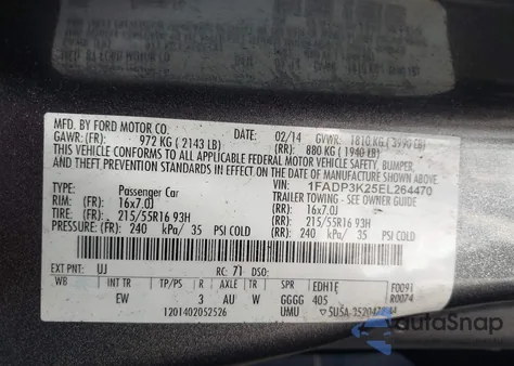 2014 Ford Focus Se z USA, uszkodzony, nr VIN 1FADP3K25EL264470